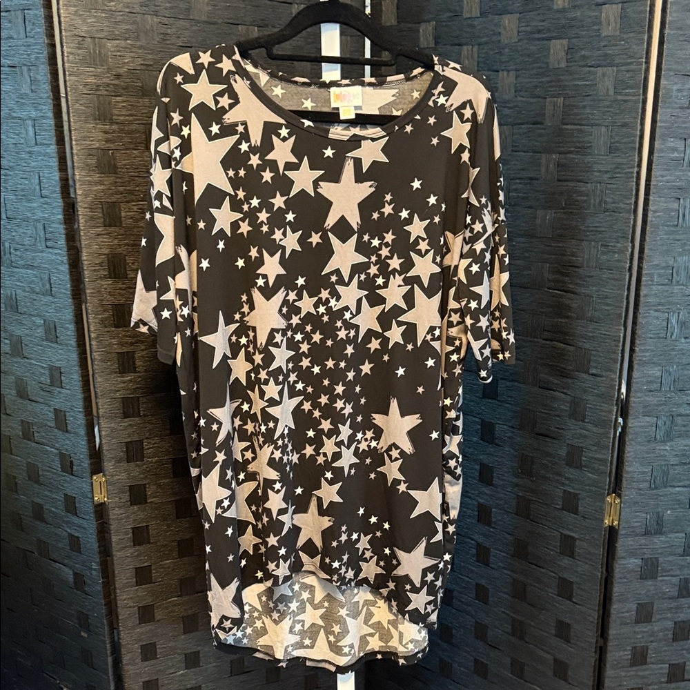 LuLaRoe Irma Star Patterned Black and Grey Short Sleeve Top